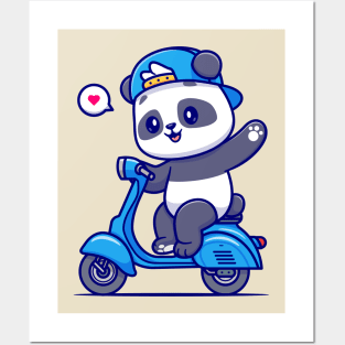 Cute Panda Waving Hand On Scooter Cartoon Posters and Art